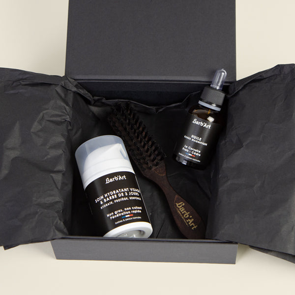 Coffret l’entretien du guerrier - Huile à Barbe Magnifique Soin Visage et Barbe 3 jours - Brosse à barbe à poils de sanglier