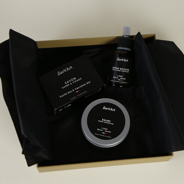 Coffret le barbu indomptable - Sérum Booster 30 ml - Baume à Barbe 80 ml - Savon Barbe &amp;Visage Verveine et Karité