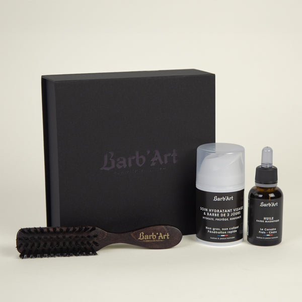 Coffret l’entretien du guerrier - Huile à Barbe Magnifique Soin Visage et Barbe 3 jours - Brosse à barbe à poils de sanglier